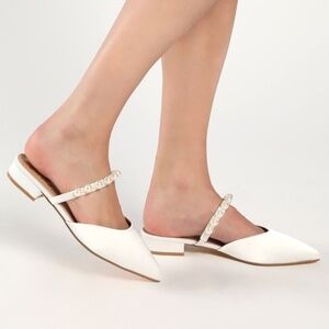 Hershie White Satin Pearl Pointed-Toe Mule Slides